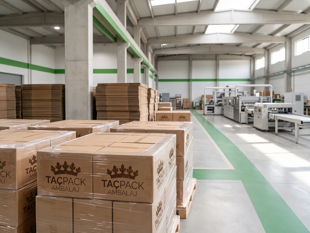 Taçpack Ambalaj logolu kolilerin bulunduğu modern üretim ve depo alanı